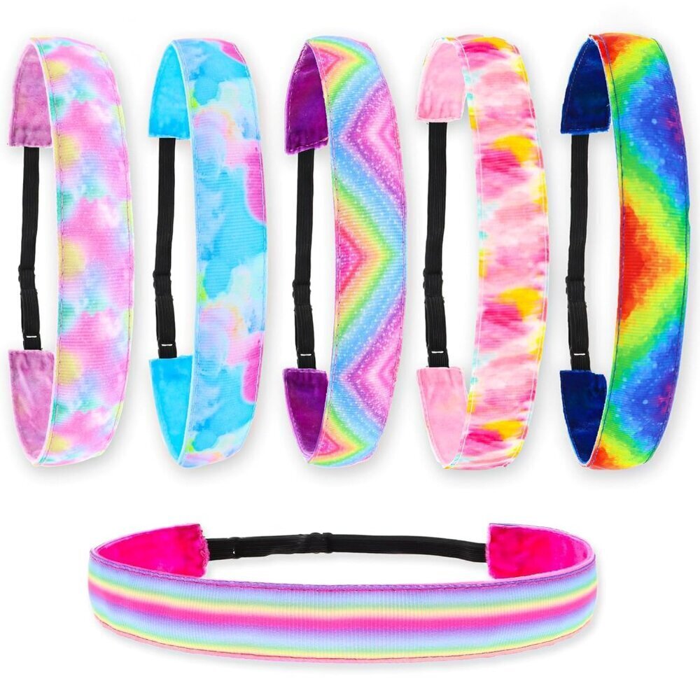 Girls Tie Dye Headbands Set of 6 Rainbow No Slip Adjustable Sport Hair Accessori